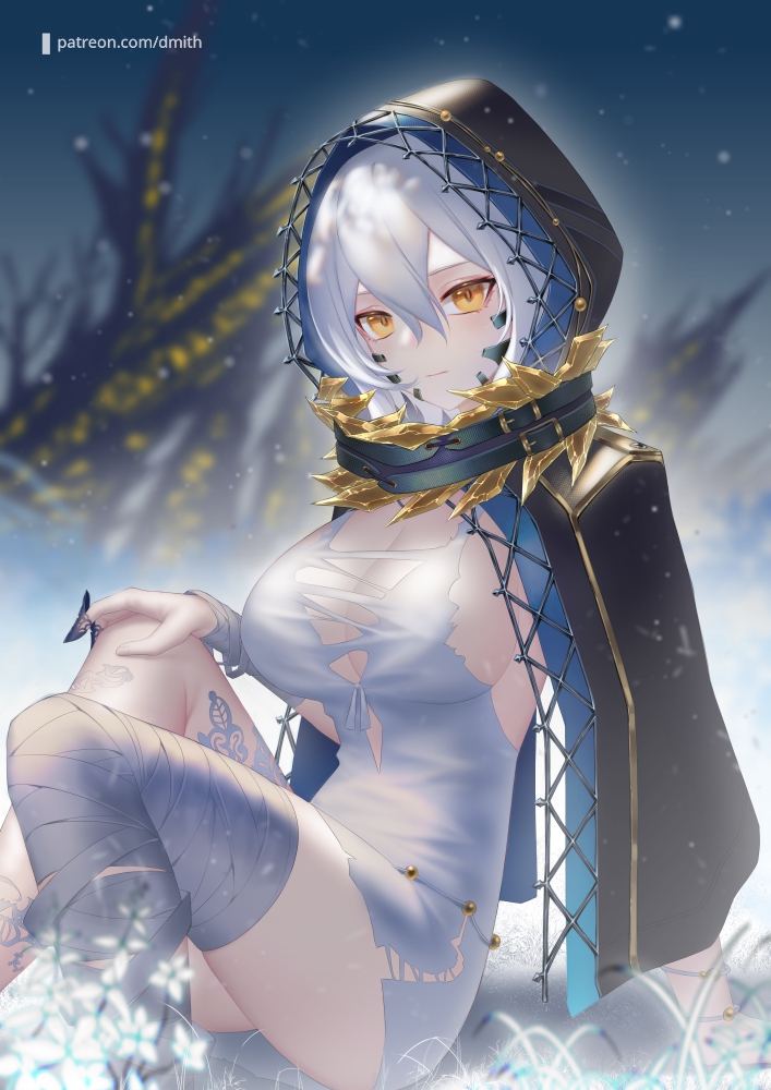 1girl bandaged_leg bandages bangs black_cloak breasts cleavage cloak closed_mouth code_vein commentary dmith dress english_commentary flower hair_between_eyes hood hood_up hooded_cloak io_(code_vein) large_breasts looking_at_viewer outdoors patreon_username plant short_dress short_hair sideboob sitting sleeveless sleeveless_dress snow snowing solo thighhighs torn_clothes torn_dress white_dress white_flower white_hair yellow_eyes