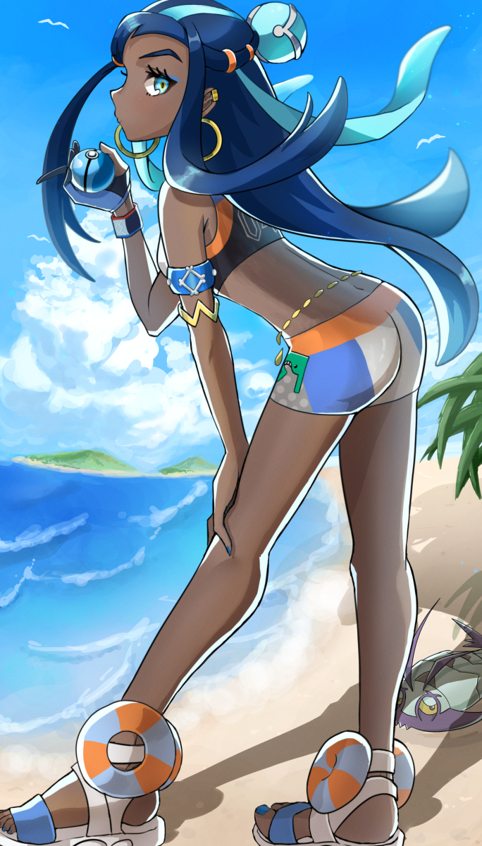 1girl armband ass beach bent_over bikini bikini_shorts bird blue_eyes blue_hair blue_nails blue_sky cloud dark-skinned_female dark_skin dive_ball dynamax_band floating_hair from_side full_body gen_7_pokemon gloves hair_ornament hand_on_own_knee highres holding holding_poke_ball leaning_forward light_blue_hair long_hair multicolored_hair nessa_(pokemon) poke_ball pokemon pokemon_(creature) pokemon_(game) pokemon_swsh profile sand sandals setta_shu shadow shorts single_glove sky solo streaked_hair swimsuit tan water wimpod