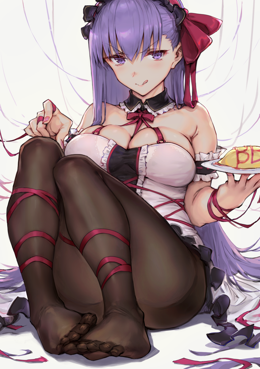 1girl bangs bare_shoulders bb_(fate) bb_(fate/extra) black_legwear blush bra_through_clothes breasts cleavage detached_collar dress fate/extra fate/extra_ccc fate_(series) feet food food_art hair_ribbon haoni highres large_breasts licking_lips long_hair looking_at_viewer maid_headdress nail_polish no_shoes omelet omurice pantyhose purple_eyes purple_hair red_ribbon ribbon see-through sitting smile solo thighs toes tongue tongue_out v-shaped_eyebrows very_long_hair