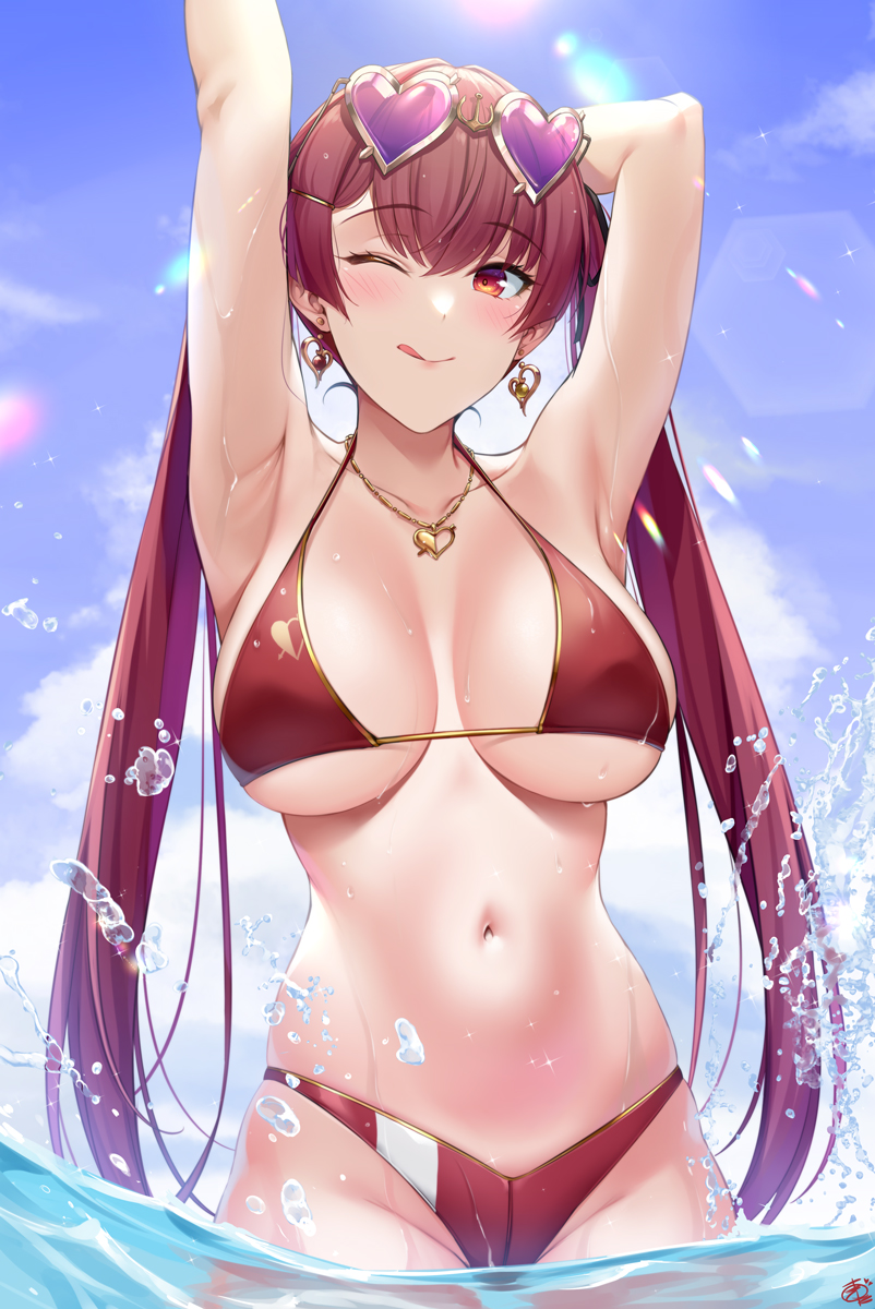 1girl armpits arms_behind_head arms_up bangs bare_shoulders bikini blue_sky blush breasts cleavage collarbone earrings eyewear_on_head heart heart-shaped_eyewear highres hololive houshou_marine jewelry large_breasts licking_lips long_hair looking_at_viewer navel necklace ocean okitakung one_eye_closed red_bikini red_eyes red_hair sky smile sunglasses swimsuit tongue tongue_out twintails virtual_youtuber wading wet