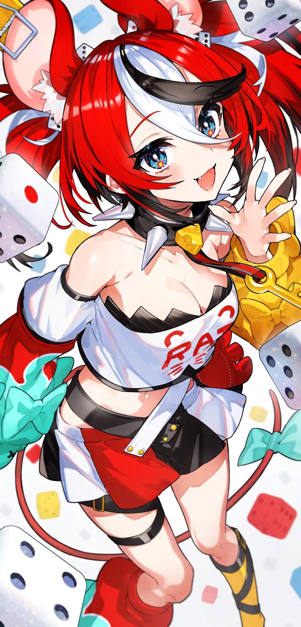 1girl :3 animal_ears asymmetrical_sleeves bare_shoulders blue_eyes blurry bow breasts cheese cleavage collar collarbone crop_top crop_top_overhang depth_of_field detached_sleeves dice dice_hair_ornament eyebrows_visible_through_hair feet_out_of_frame food from_above hair_between_eyes hair_ornament hakos_baelz highres hololive hololive_english key_necklace kneehighs looking_at_viewer medium_breasts midriff mika_pikazo mouse mouse_ears mouse_girl mouse_tail mousetrap multicolored_hair navel official_art open_mouth rat red_hair skirt smile solo spiked_collar spikes streaked_hair tail tail_bow tail_ornament thigh_strap twintails virtual_youtuber waving