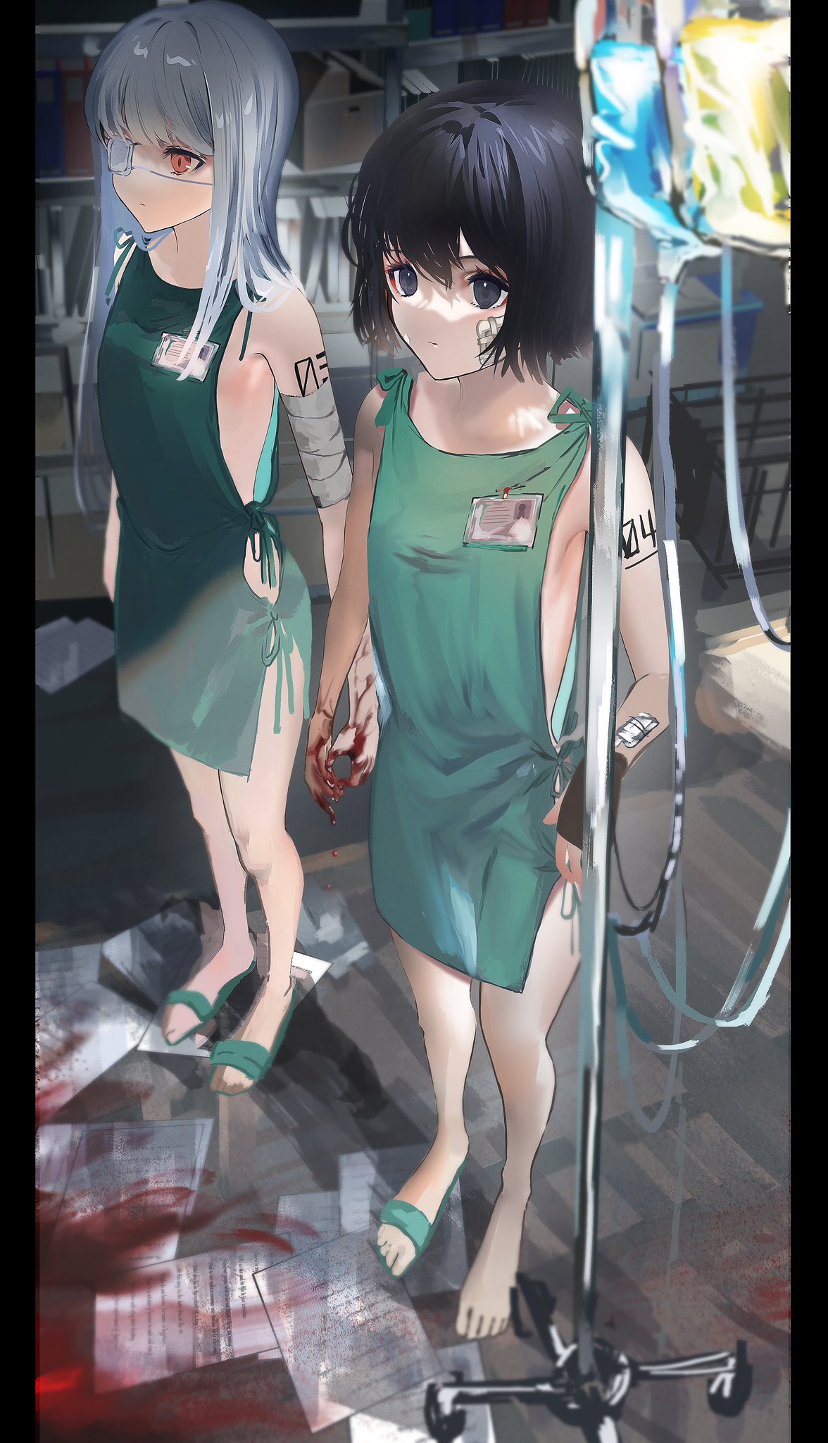 2girls bandage_on_face bandaged_arm bandages bare_legs barefoot black_eyes black_hair blood_on_ground closed_mouth commentary_request eyepatch full_body highres hospital_gown indoors intravenous_drip iv_stand long_hair medical_eyepatch multiple_girls name_tag nanaponi one_eye_covered orange_eyes original paper pillarboxed sandals shelf short_hair silver_hair single_sandal standing tattoo