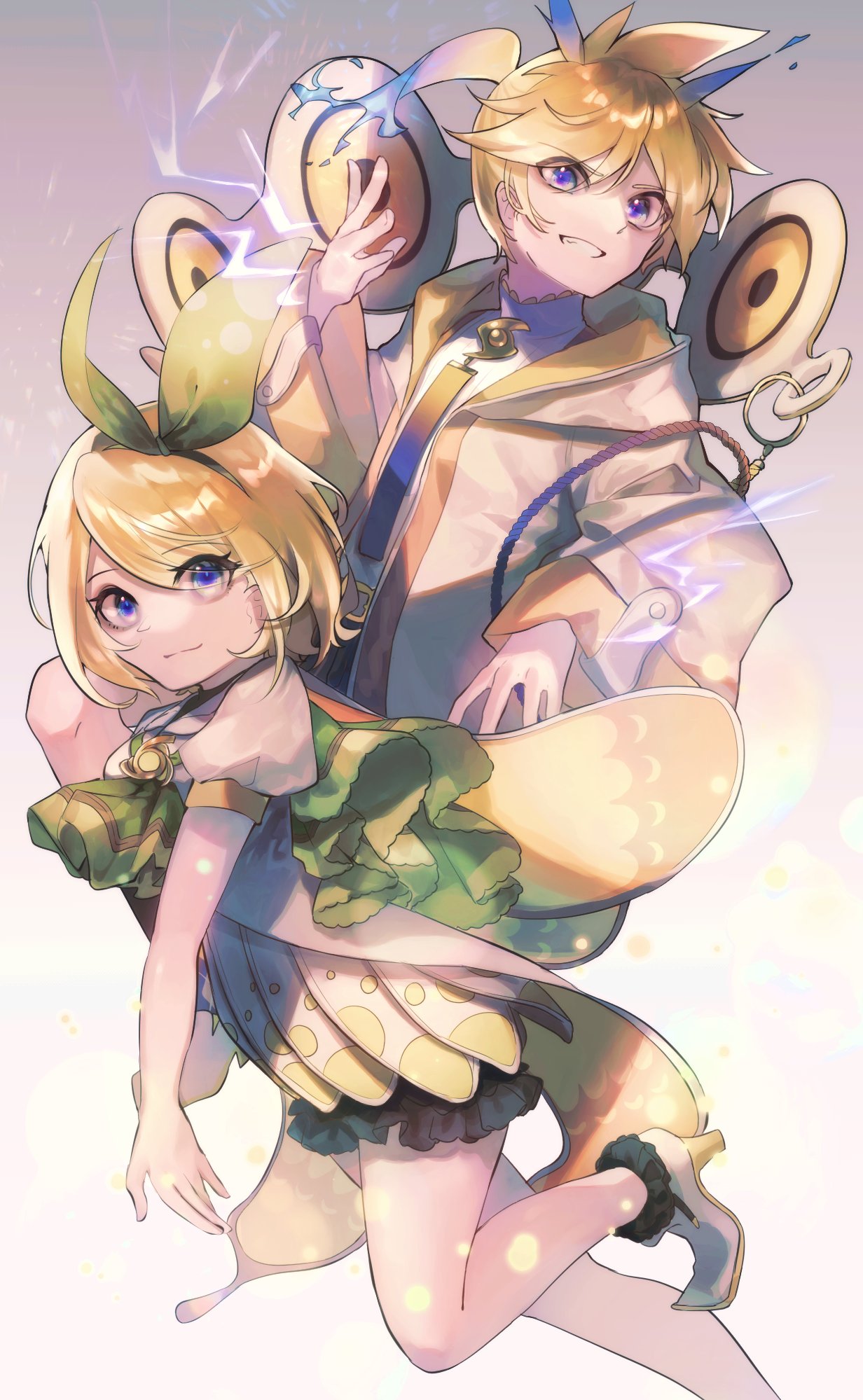 1boy 1girl black_skirt blonde_hair blue_eyes blue_neckwear bow capelet commentary dress electricity green_bow green_capelet grin hair_bow hand_up high_heels highres hood hooded_jacket jacket kagamine_len kagamine_rin leg_up light_smile looking_at_viewer magical_mirai_(vocaloid) medallion miniskirt mipi necktie short_hair short_sleeves skirt smile speaker spiked_hair vocaloid white_dress white_jacket wings