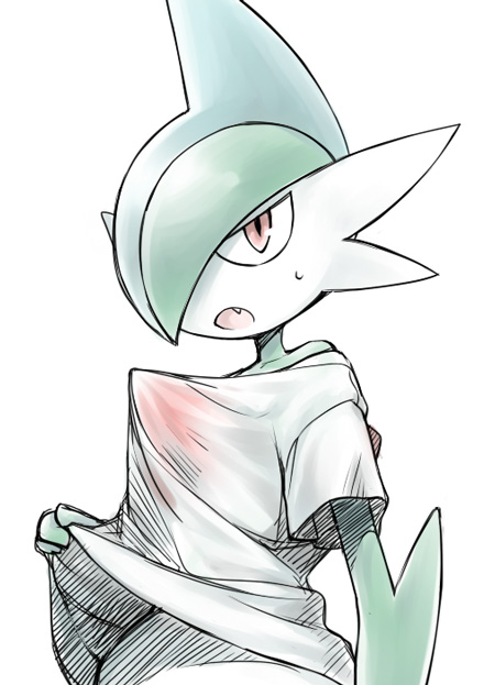 clothes_lift fang gallade gen_4_pokemon lifted_by_self looking_at_viewer no_humans open_mouth pokemon pokemon_(creature) red_eyes see-through shirt shirt_lift short_sleeves simple_background solo upper_body utsugi_(skydream) white_background white_shirt