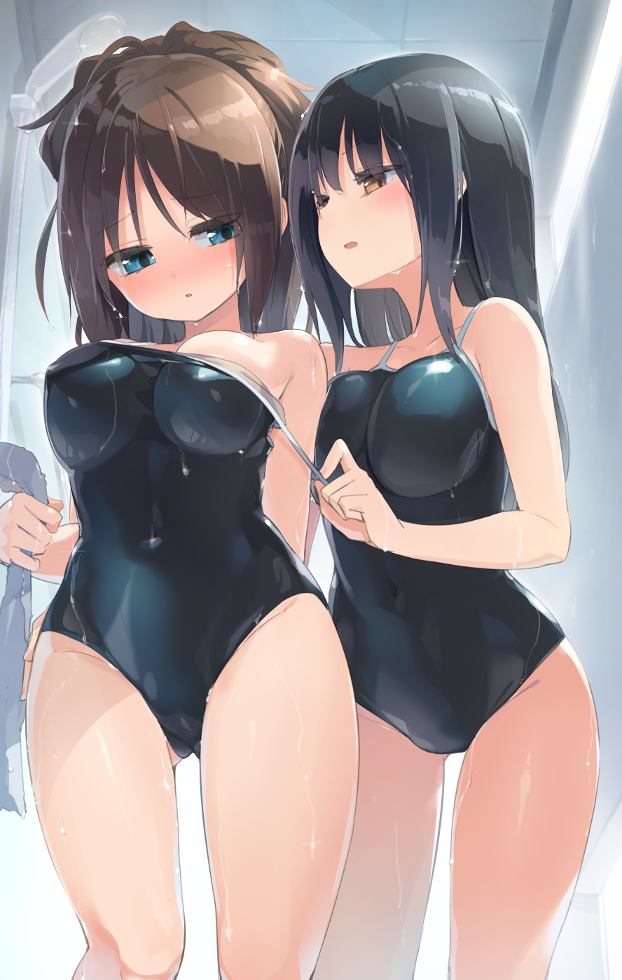 2girls ass_visible_through_thighs bangs black_hair blue_eyes blush breasts brown_eyes brown_hair full-face_blush highres homura_subaru impossible_clothes impossible_swimsuit large_breasts long_hair looking_at_another medium_breasts multiple_girls one-piece_swimsuit original swimsuit undressing wet wet_clothes wet_hair wet_swimsuit yuri