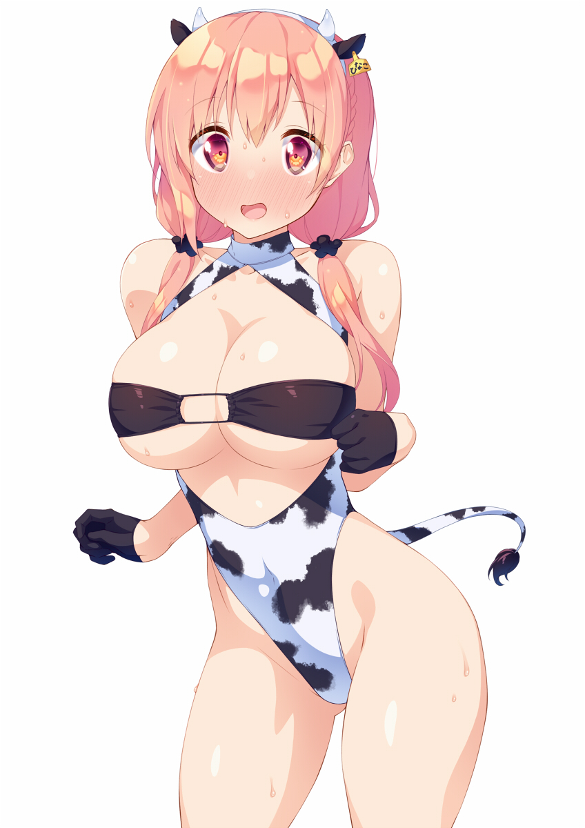 1girl animal_ears animal_print bangs bare_shoulders black_gloves blush breasts cleavage commentary cow_ears cow_horns cow_print cow_tail cowboy_shot ear_tag embarrassed fake_animal_ears fake_horns gloves hairband half_gloves highres hinako_note horns ichi_makoto large_breasts long_hair looking_at_viewer low_twintails nose_blush open_mouth orange_hair red_eyes sakuragi_hinako simple_background solo sweat tail twintails white_background