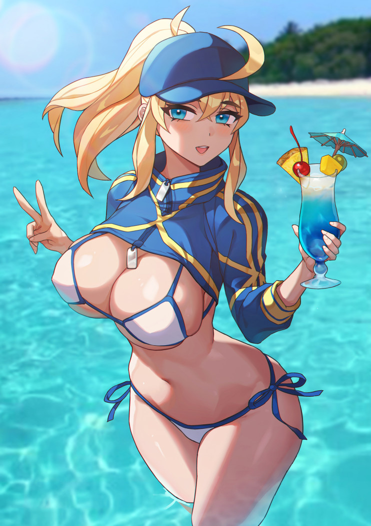 1girl ahoge artoria_pendragon_(fate) bangs baseball_cap beach bikini blonde_hair blue_eyes blue_headwear blue_jacket blush breasts cleavage coa_(u6u612) cropped_jacket cup drinking_glass fate/grand_order fate_(series) hair_between_eyes hair_through_headwear hat jacket large_breasts long_hair long_sleeves looking_at_viewer mysterious_heroine_xx_(fate) navel ocean open_mouth ponytail shrug_(clothing) sidelocks smile solo swimsuit thighs v wading white_bikini