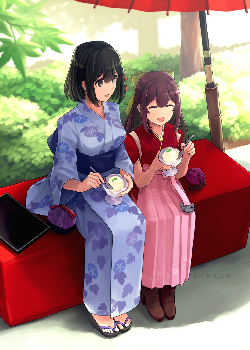 2girls bag barefoot_sandals bench black_hair black_skirt boots bow breasts brown_eyes closed_eyes cross-laced_footwear cup day eating food forest full_body grass haguro_(kancolle) hair_between_eyes hair_bow hair_ornament hakama hakama_skirt happy highres holding holding_food holding_spoon ice_cream japanese_clothes kamikaze_(kancolle) kantai_collection kimono lace-up_boots leaf_print long_sleeves medium_breasts meiji_schoolgirl_uniform multiple_girls nature oil-paper_umbrella open_mouth outdoors pink_hakama plant purple_hair purple_kimono red_kimono ribbon sash short_hair sitting skirt spoon tomoyo_kai tree umbrella wide_sleeves yellow_bow yellow_ribbon