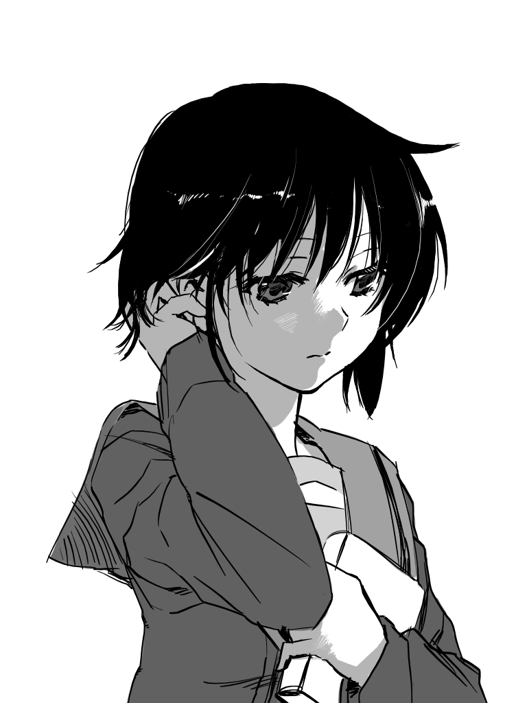 1girl adjusting_hair alternate_hair_color bangs black_cardigan black_hair book cardigan closed_mouth commentary_request greyscale hair_strand hand_up holding holding_book looking_afar looking_down monochrome nagato_yuki partial_commentary pine school_uniform serafuku short_hair simple_background solo suzumiya_haruhi_no_yuuutsu upper_body white_background