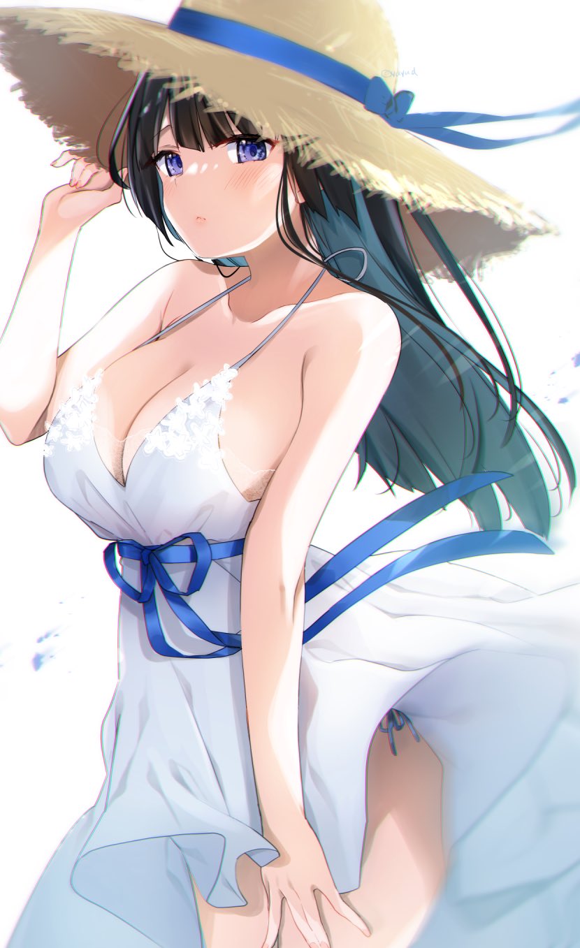 1girl bangs bare_shoulders black_hair blue_ribbon blunt_bangs breasts cleavage dress hat highres large_breasts long_hair looking_at_viewer original panties purple_eyes ribbon side-tie_panties simple_background sleeveless sleeveless_dress solo straw_hat sundress thighs underwear white_background white_dress yu_yu