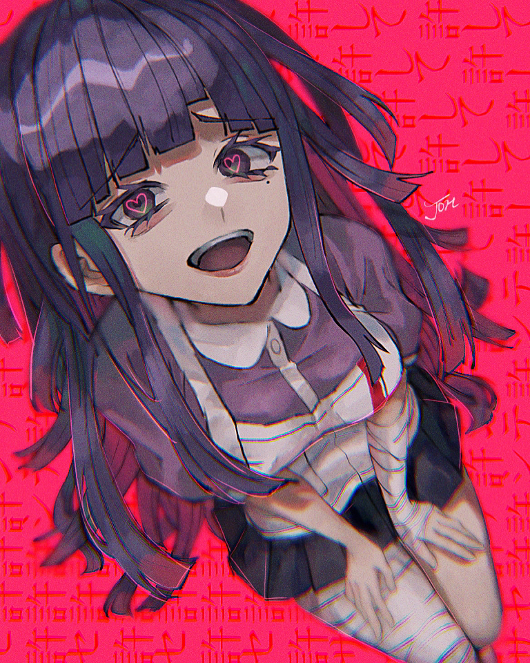 1girl :d apron bandaged_arm bandaged_leg bandages bangs black_skirt blush breasts commentary_request danganronpa_(series) danganronpa_2:_goodbye_despair eyebrows_visible_through_hair from_above heart heart-shaped_pupils joh_pierrot large_breasts long_hair looking_at_viewer looking_up medium_breasts miniskirt mole mole_under_eye nurse open_mouth puffy_short_sleeves puffy_sleeves purple_eyes purple_hair red_background shiny shiny_hair short_sleeves skirt smile solo symbol-shaped_pupils tsumiki_mikan upper_teeth