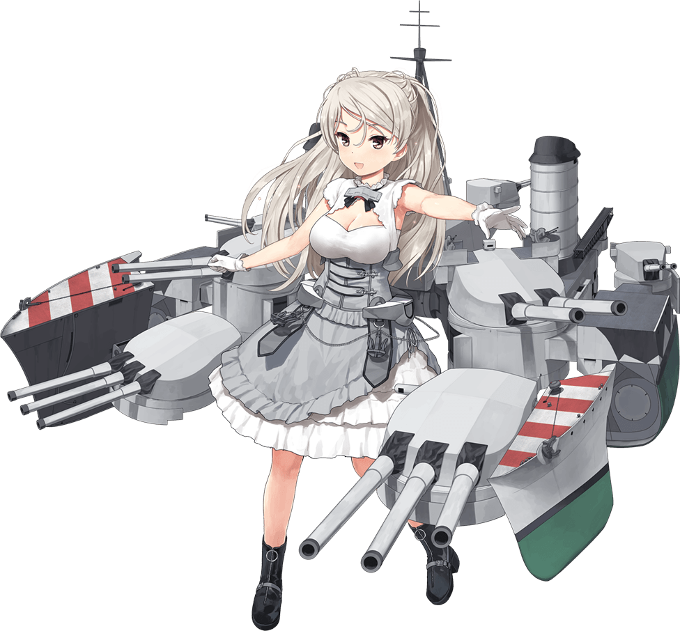 1girl black_footwear blush boots breasts brown_eyes cleavage conte_di_cavour_(kancolle) dress full_body grey_hair high_heel_boots high_heels jiji kantai_collection large_breasts long_hair long_sleeves machinery official_art open_mouth remodel_(kantai_collection) rigging smile solo transparent_background turret white_dress