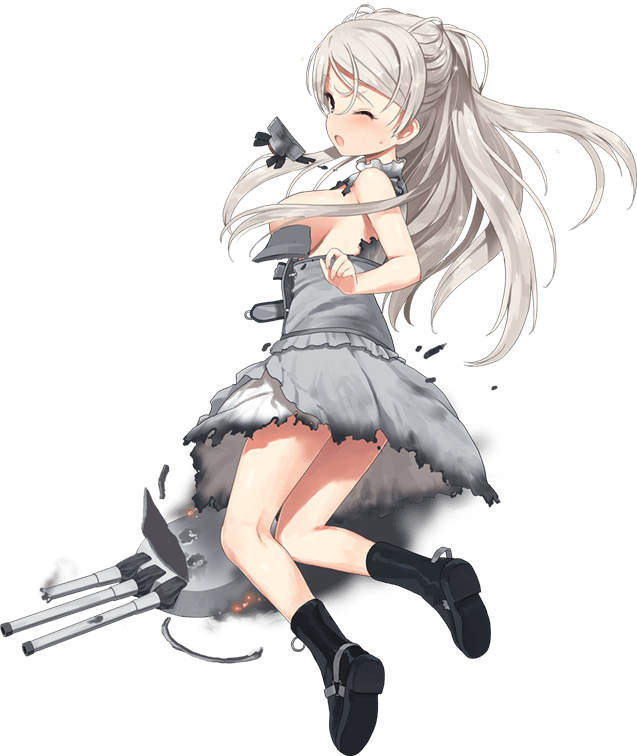 1girl black_footwear blush boots breasts brown_eyes conte_di_cavour_(kancolle) convenient_censoring dress full_body grey_hair hair_censor high_heel_boots high_heels jiji kantai_collection large_breasts long_hair machinery official_art one_eye_closed open_mouth remodel_(kantai_collection) rigging smoke solo torn_clothes torn_dress transparent_background turret white_dress