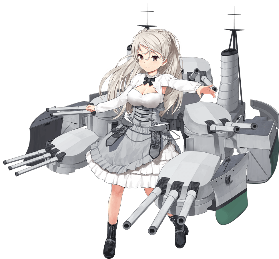 1girl black_footwear blush boots breasts brown_eyes cleavage closed_mouth conte_di_cavour_(kancolle) dress full_body grey_hair high_heel_boots high_heels jiji kantai_collection large_breasts long_hair long_sleeves machinery official_art rigging smile solo transparent_background turret white_dress