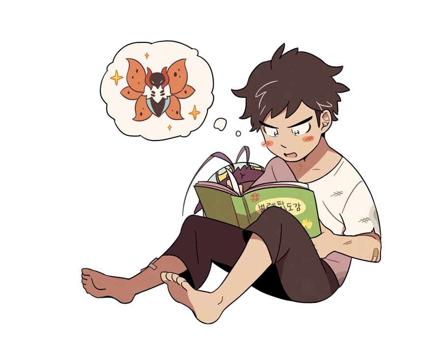 1boy bangs barefoot blush_stickers book brown_hair brown_pants capri_pants gen_5_pokemon gen_7_pokemon guzma_(pokemon) holding holding_book looking_down male_focus open_mouth pants pokemon pokemon_(creature) pokemon_(game) pokemon_sm reading shirt short_hair short_sleeves sitting sparkle ssalbulre t-shirt thought_bubble toes volcarona white_background white_shirt wimpod younger