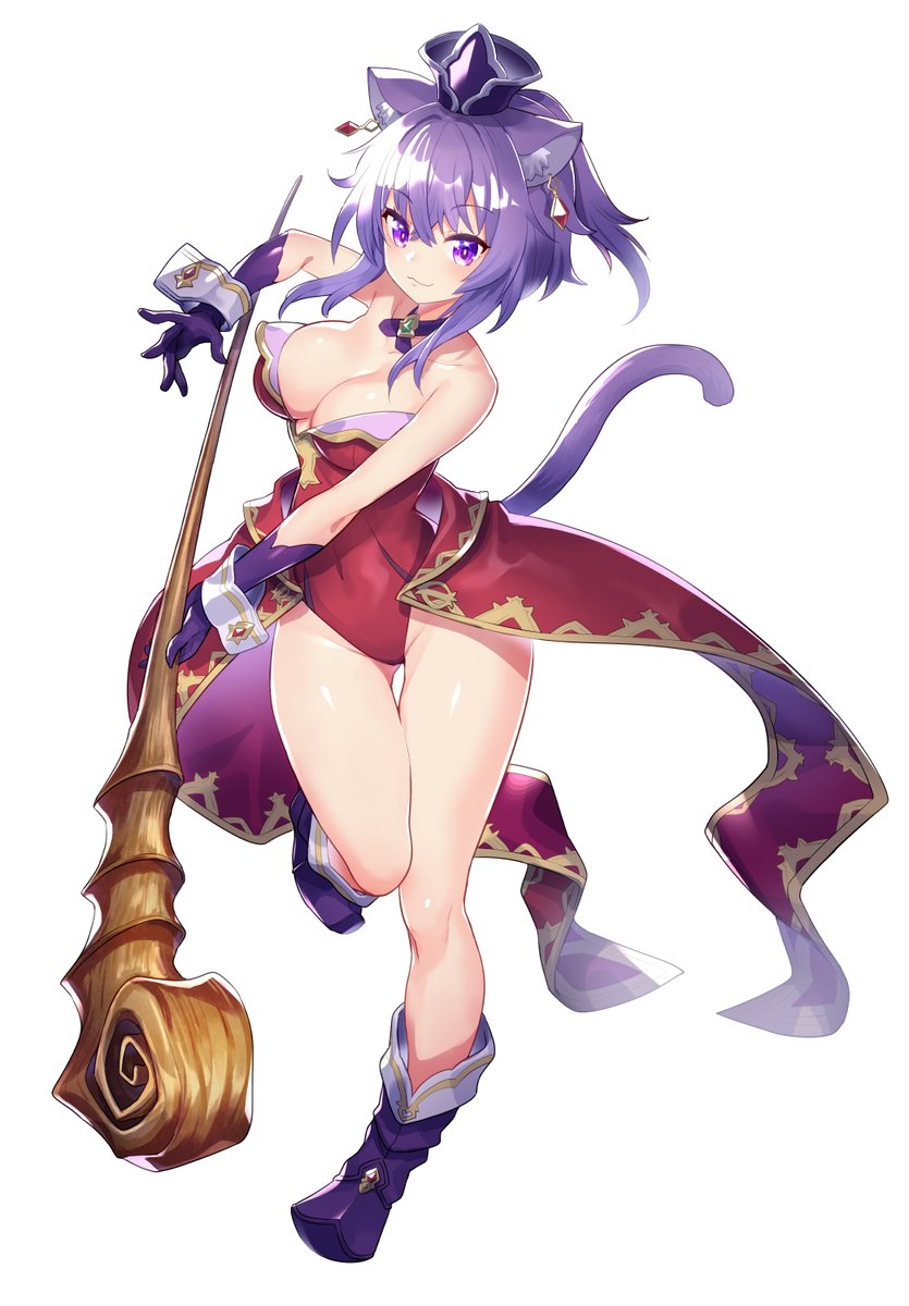 1girl angela_(seiken_densetsu_3) angela_(seiken_densetsu_3)_(cosplay) animal_ears boots breasts cat_ears cat_tail cleavage cosplay covered_navel gloves hat highres hololive large_breasts leotard mini_hat nekomata_okayu purple_eyes purple_gloves purple_hair red_leotard seiken_densetsu seiken_densetsu_3 staff tail tomoyohi virtual_youtuber white_background