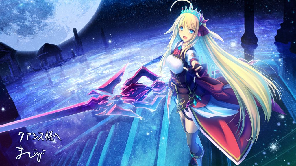 1girl blonde_hair blue_eyes crown long_hair night original solo sword tenmaso thighhighs weapon