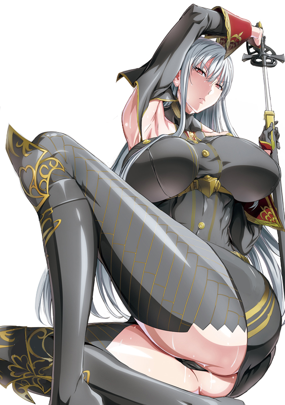 1girl arm_up ass black_panties blush breasts detached_sleeves grey_legwear large_breasts long_hair looking_at_viewer panties photoshop_(medium) red_eyes revision selvaria_bles senjou_no_valkyria_(series) senjou_no_valkyria_1 sheath shino_(comic_penguin_club) silver_hair solo sweat thighhighs underwear unsheathing very_long_hair weapon white_background