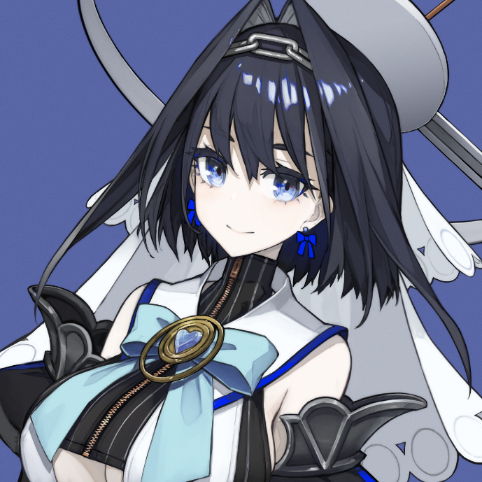 1girl bangs banned_artist bare_shoulders black_dress black_hair blue_bow blue_eyes bow bow_earrings breasts cleavage cleavage_cutout closed_mouth clothing_cutout commentary dress earrings eyebrows_visible_through_hair hair_between_eyes heart hololive hololive_english jacket jewelry large_breasts looking_at_viewer mikoto_(oi_plus) ouro_kronii purple_background simple_background sleeveless sleeveless_dress smile solo thick_eyebrows upper_body veil virtual_youtuber white_jacket