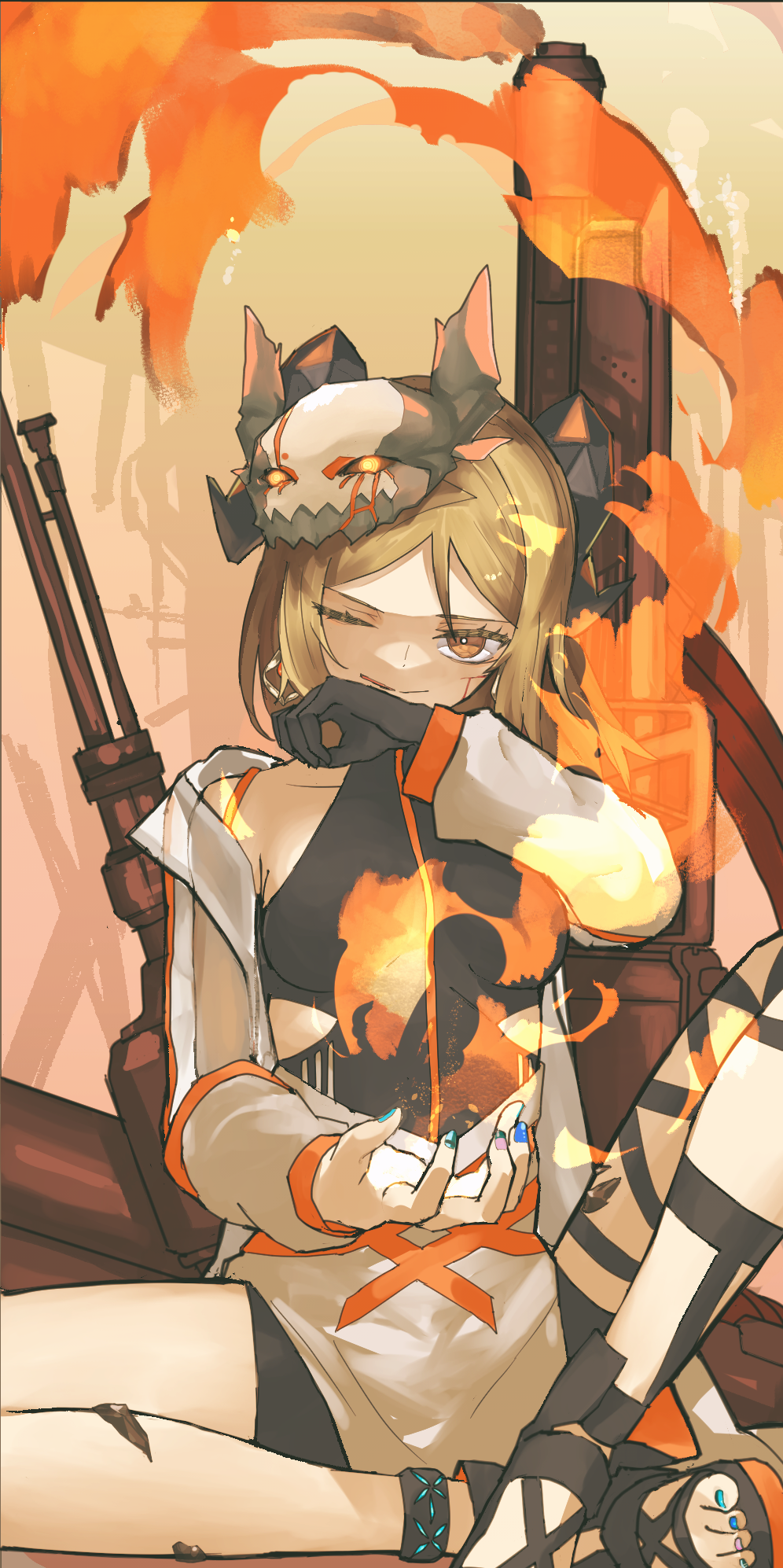 1girl arknights black_footwear black_gloves black_ribbon black_shirt black_shorts blonde_hair blood blood_on_face blue_nails breasts brown_jacket closed_mouth fire flamethrower full_body gloves highres horned_mask ifrit_(arknights) infection_monitor_(arknights) injury jacket kensei_(v2) leg_ribbon long_sleeves looking_at_viewer mask mask_on_head medium_breasts nail_polish one_eye_closed open_clothes open_jacket orange_eyes oripathy_lesion_(arknights) ribbon sandals shirt short_hair shorts single_glove sitting skin_tight sleeveless sleeveless_shirt smile solo symbol-only_commentary toenail_polish toenails weapon weapon_on_back wiping_face