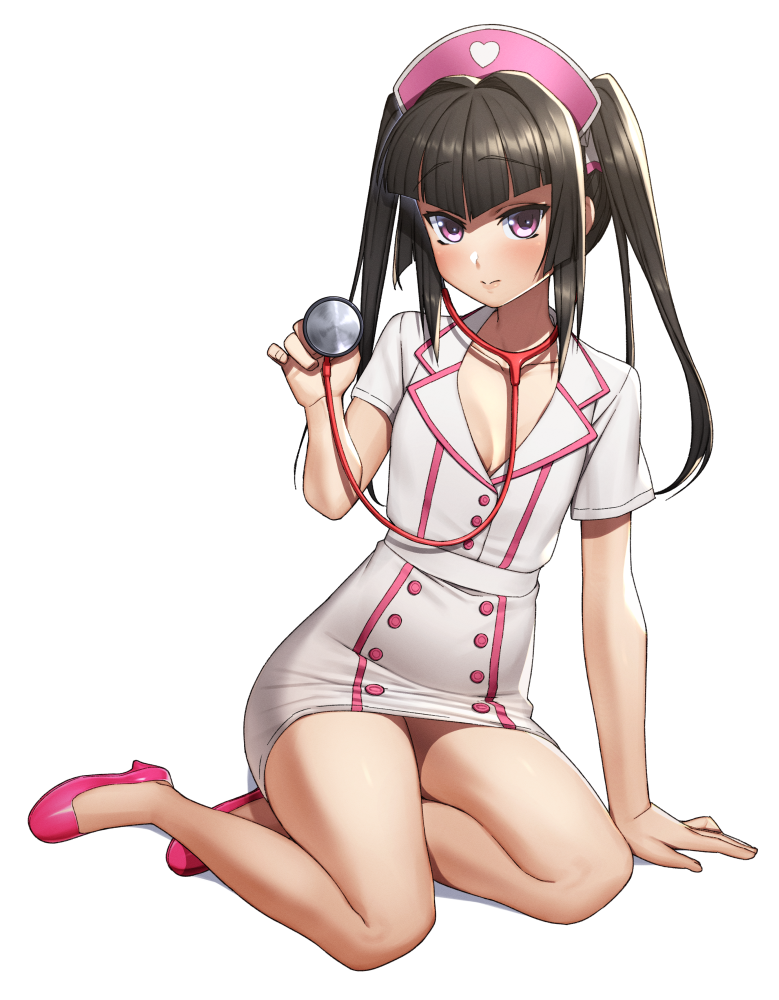 1girl black_hair blush breasts cleavage closed_mouth collarbone eyebrows_visible_through_hair full_body hat high_heels looking_at_viewer nurse nurse_cap purple_eyes senki_zesshou_symphogear shiny shiny_hair simple_background small_breasts solo stethoscope tsukamoto_kensuke tsukuyomi_shirabe twintails white_background