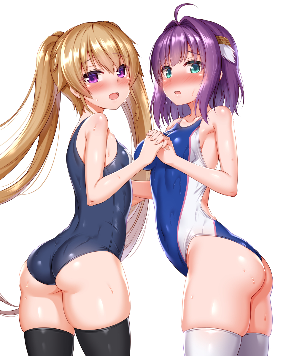 2girls ahoge ao_no_kanata_no_four_rhythm arisaka_mashiro ass black_legwear blonde_hair blue_swimsuit breasts competition_swimsuit green_eyes hair_ornament highres holding_hands ichinose_rika interlocked_fingers long_hair looking_at_viewer medium_breasts multiple_girls one-piece_swimsuit open_mouth purple_eyes purple_hair school_swimsuit simple_background skindentation small_breasts smile swimsuit thighhighs twintails two-tone_swimsuit wet white_background white_legwear white_swimsuit zirba