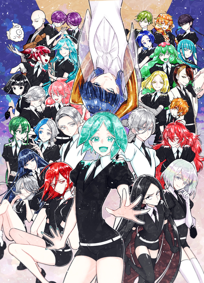 1boy 6+others ahoge alexandrite_(houseki_no_kuni) amethyst_(houseki_no_kuni) androgynous antarcticite aqua_eyes aqua_hair asymmetrical_hair bald bangs benitoite_(houseki_no_kuni) black_eyes black_hair blonde_hair blue_eyes blue_hair blunt_bangs bort braid cinnabar_(houseki_no_kuni) colored_eyelashes crystal_hair diamond_(houseki_no_kuni) dual_persona elbow_gloves euclase_(houseki_no_kuni) everyone eyes_visible_through_hair gem_uniform_(houseki_no_kuni) ghost_quartz_(houseki_no_kuni) gloves golden_arms goshenite_(houseki_no_kuni) green_eyes green_hair grey_eyes grey_hair hair_between_eyes hair_over_one_eye hemimorphite_(houseki_no_kuni) heterochromia houseki_no_kuni interlocked_fingers jade_(houseki_no_kuni) japanese_clothes kesa kongou_sensei labcoat lapis_lazuli_(houseki_no_kuni) long_bangs long_hair looking_at_viewer moon morganite_(houseki_no_kuni) morino_bambi multicolored_hair multiple_others necktie neptunite_(houseki_no_kuni) obsidian_(houseki_no_kuni) open_mouth orange_eyes orange_hair outstretched_hand padparadscha_(houseki_no_kuni) peridot_(houseki_no_kuni) phosphophyllite phosphophyllite_(ll) pink_eyes pink_hair purple_eyes purple_hair rainbow_hair red_beryl_(houseki_no_kuni) red_eyes red_hair revision rutile_(houseki_no_kuni) see-through shiro_(houseki_no_kuni) short_hair short_hair_with_long_locks silver_hair smile sparkle sphene_(houseki_no_kuni) spoilers thick_eyebrows thighhighs twintails upside-down watermelon_tourmaline_(houseki_no_kuni) wavy_hair white_eyes yellow_diamond_(houseki_no_kuni) yellow_eyes zircon_(houseki_no_kuni)