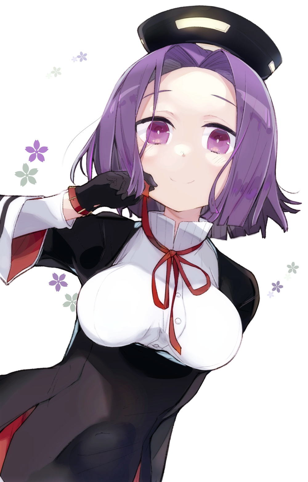 1girl black_gloves blush breasts buttons closed_mouth gloves highres kantai_collection large_breasts long_sleeves mechanical_halo purple_eyes purple_hair red_ribbon ribbon sala_mander school_uniform short_hair smile solo tatsuta_(kancolle) upper_body white_background