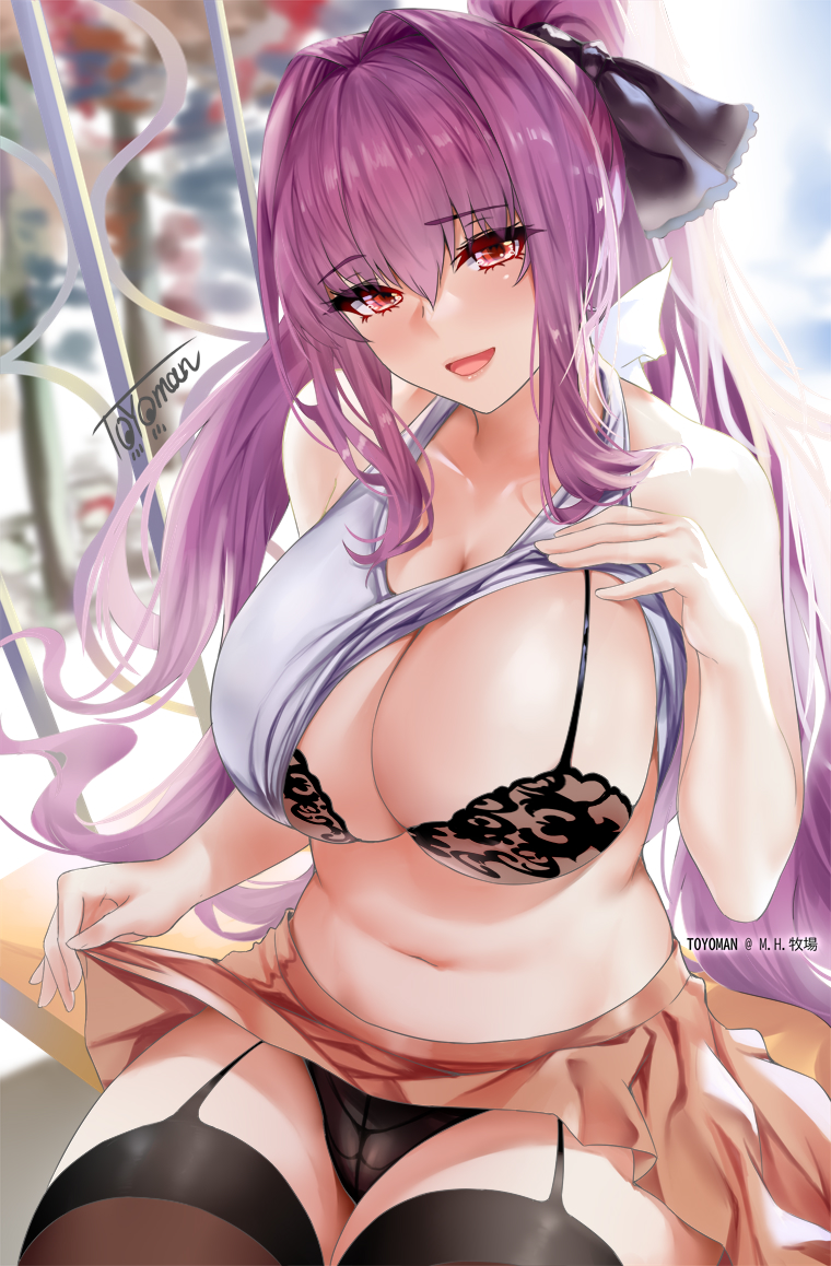 1girl :d artist_name bangs black_bra black_panties bow bra breasts cleavage clothes_lift duplicate fate/grand_order fate_(series) fence garter_straps hair_bow hair_intakes high_ponytail large_breasts lifted_by_self lingerie open_mouth panties pixel-perfect_duplicate ponytail purple_hair scathach_(fate) scathach_(fate)_(all) shirt_lift signature skirt skirt_lift smile solo thighhighs toyoman underwear