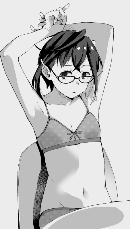 1girl arms_up banned_artist bra breasts chair glasses hair_ornament hairclip kantai_collection looking_at_viewer makio_(makiomeigenbot) monochrome multicolored_hair okinami_(kancolle) panties polka_dot polka_dot_bra polka_dot_panties short_hair sitting small_breasts solo underwear underwear_only