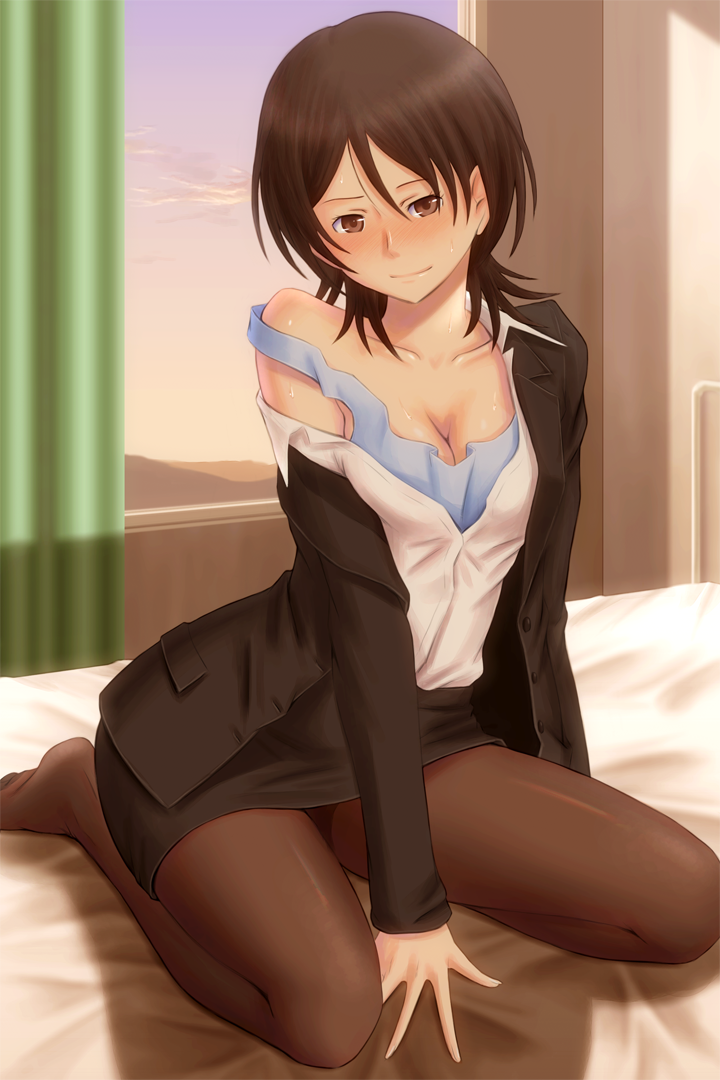 1girl amagami bangs black_jacket black_skirt blue_shirt bonnie_(rsg) breasts brown_eyes brown_hair brown_legwear cleavage closed_mouth collarbone dress_shirt hair_between_eyes jacket kneeling long_sleeves looking_at_viewer medium_breasts miniskirt off_shoulder on_bed open_clothes open_jacket pantyhose pencil_skirt shiny shiny_hair shirt short_hair sitting sitting_on_bed skirt sleeveless sleeveless_shirt smile solo takahashi_maya teacher white_shirt