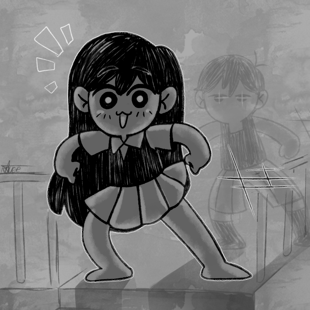 +++ +_+ 1boy 1girl black_hair black_shirt chibi dashing grey_background greyscale happy long_hair mari_(omori) monochrome omori omori_(omori) open_mouth shirt short_hair skirt stairs tank_top thegreatrouge white_skirt