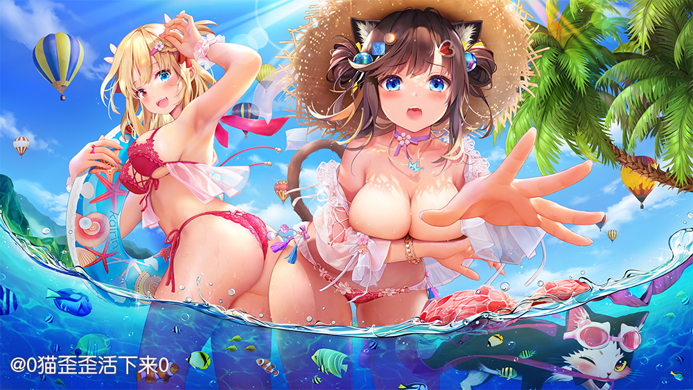 2girls :d aircraft animal_ear_fluff animal_ears arm_up armpits ass bangs bikini black_hair blonde_hair blue_sky blush bracelet breasts brown_headwear cat cat_ears cat_girl cat_tail choker cleavage cloud commentary_request covering covering_breasts cowboy_shot day double_bun eyebrows_visible_through_hair fish flower goggles hair_flower hair_ornament hand_up hat heart heart_hair_ornament heterochromia holding holding_innertube hot_air_balloon innertube jewelry large_breasts leaning_forward long_sleeves looking_at_viewer multiple_girls mwwhxl open_mouth original outdoors outstretched_arm palm_tree pink_bikini pink_eyes purple_choker red_bikini scrunchie side-tie_bikini sky smile standing straw_hat sun_hat swimsuit tail tree wading water wrist_scrunchie