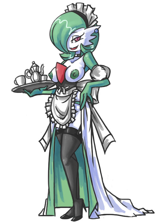 anthro arm_garter bipedal bittenhard bow breasts choker clothed clothing corset cup digital_media_(art) drawstring ear_piercing female frills front_view full-length_portrait gardevoir garter_straps green_hair hair hair_over_eye half-dressed high_heels legwear maid_headdress maid_uniform nintendo nipples piercing pink_eyes pitcher plain_background pok&#233;mon pokemon pose red_lips seductive servant smile solo standing stockings stud_earring tea teal_clothing teal_hair teal_nipples teal_skin thigh_highs three-quarter_view topless uniform video_games white_background white_dress white_skin