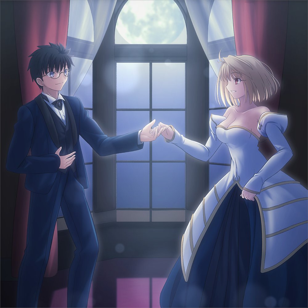 1boy 1girl ahoge archetype_earth archetype_earth_(cosplay) arcueid_brunestud bare_shoulders black_hair blonde_hair blue_eyes breasts cleavage cosplay detached_sleeves dress full_moon glasses hair_intakes holding_hands large_breasts long_sleeves melty_blood migiha moon princess_outfit red_eyes short_hair smile strapless strapless_dress tohno_shiki tsukihime tsukihime_(remake)