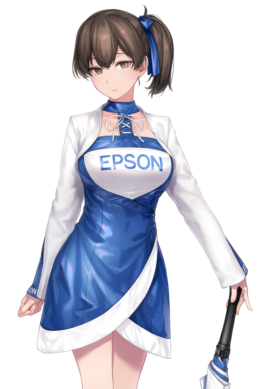 1girl alternate_costume blue_dress breasts brown_eyes brown_hair closed_mouth cowboy_shot dress ears epson hair_ribbon highres kaga_(kancolle) kantai_collection large_breasts long_hair long_sleeves race_queen ribbon rokuwata_tomoe side_ponytail simple_background white_background