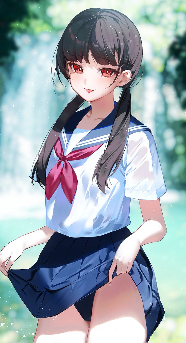 1girl :p bangs black_hair blue_sailor_collar blue_skirt blue_swimsuit blush breasts clothes_lift cowboy_shot eyebrows_visible_through_hair highres holding holding_clothes ichibi lifted_by_self light_particles long_hair looking_at_viewer low_twintails neckerchief original red_eyes red_neckwear sailor_collar school_uniform serafuku shiny shiny_skin shirt short_sleeves skirt skirt_lift smile solo standing swimsuit swimsuit_under_clothes tongue tongue_out twintails wet wet_clothes wet_shirt wet_skirt white_shirt