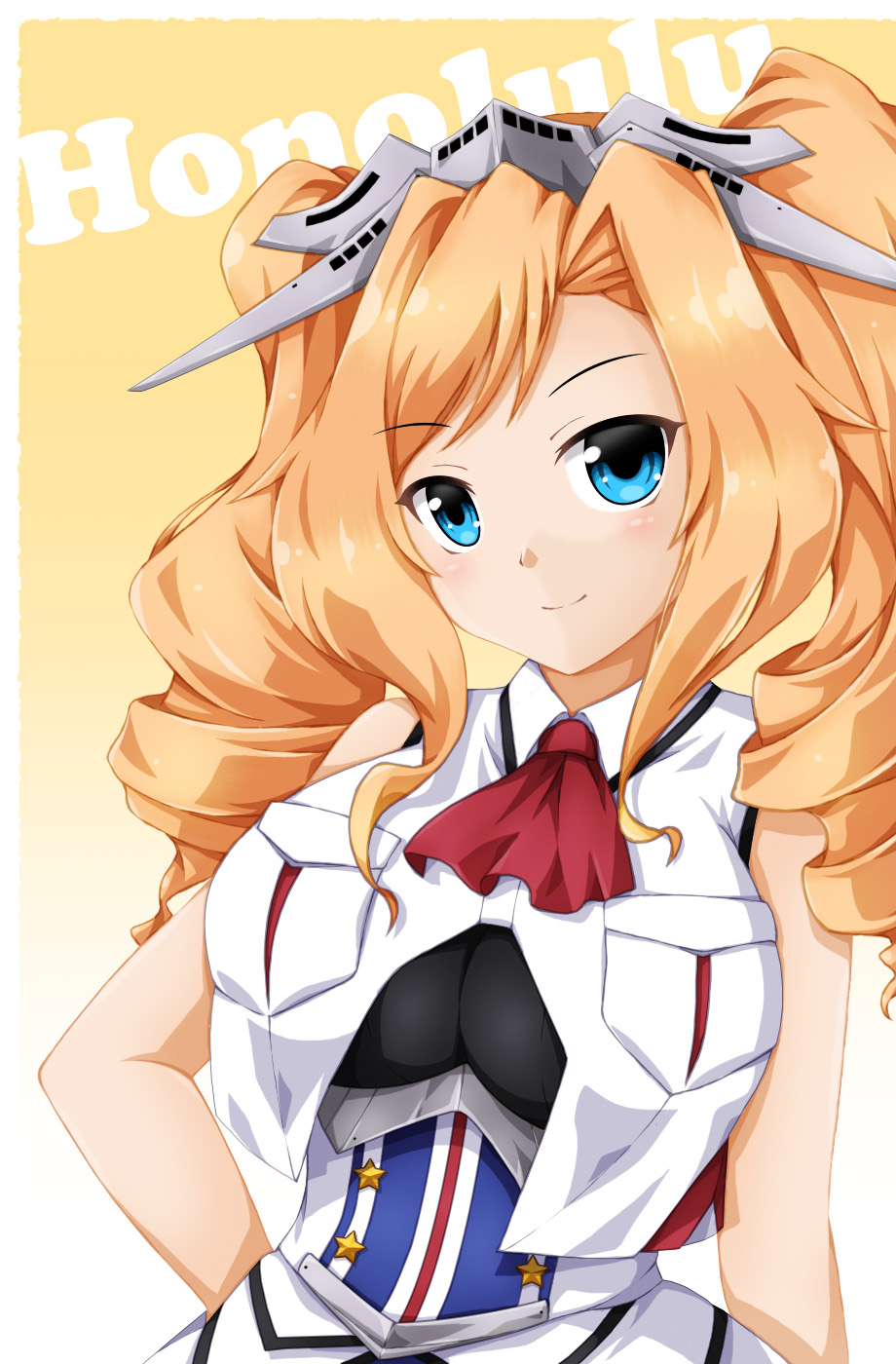 1girl blonde_hair blue_eyes breast_pocket breasts crop_top drill_hair fukaiton headgear highres honolulu_(kancolle) kantai_collection large_breasts long_hair military military_uniform pocket sleeveless sleeveless_jacket solo twin_drills twintails uniform upper_body yellow_background