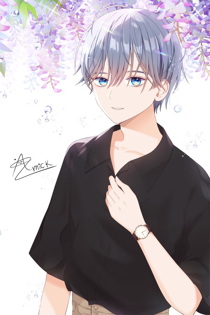 1boy amick_(americanomix) black_shirt blue_eyes hand_up looking_at_viewer male_focus original parted_lips shirt short_hair silver_hair solo upper_body watch wristwatch