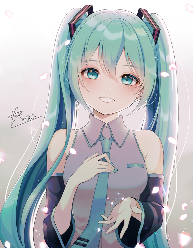 1girl amick_(americanomix) aqua_eyes aqua_hair aqua_neckwear bare_shoulders blush detached_sleeves hand_on_own_chest hands_up hatsune_miku long_hair looking_at_viewer nail_polish necktie parted_lips solo teeth twintails upper_body vocaloid