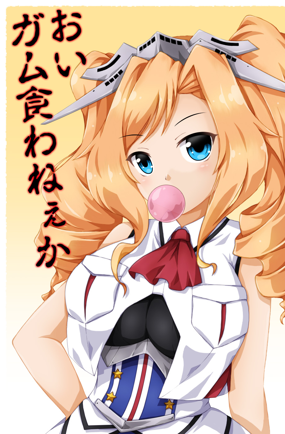1girl blonde_hair blue_eyes breast_pocket breasts bubble_blowing chewing_gum crop_top drill_hair fukaiton headgear highres honolulu_(kancolle) kantai_collection large_breasts long_hair military military_uniform pocket sleeveless sleeveless_jacket solo twin_drills twintails uniform upper_body yellow_background