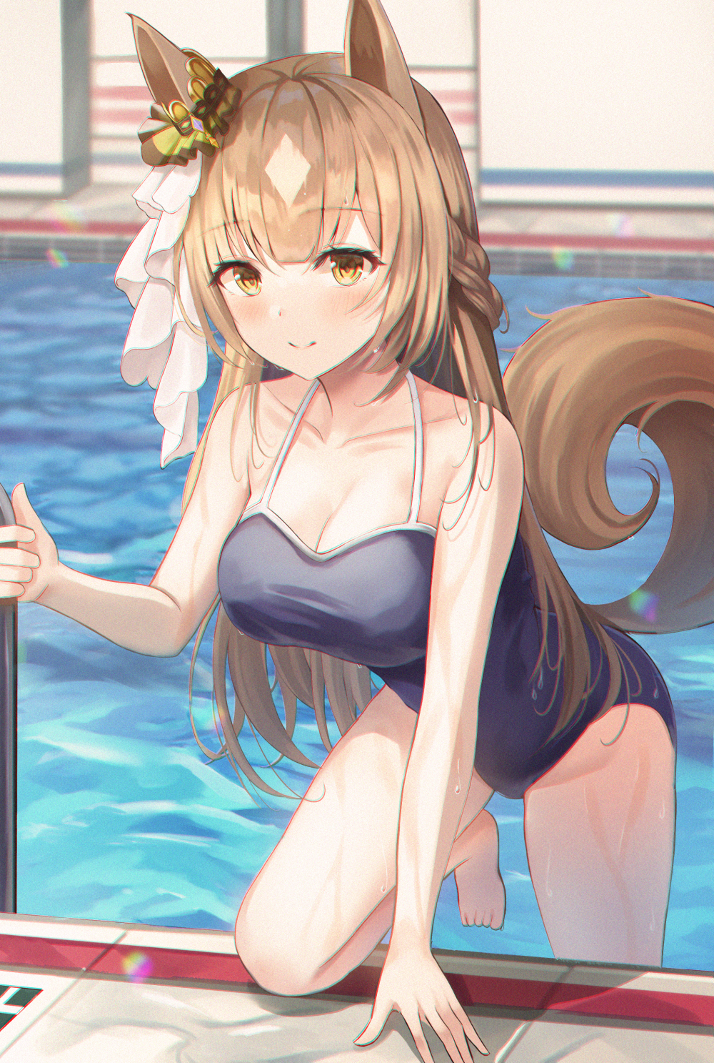 1girl animal_ears barefoot blue_swimsuit breasts brown_hair cleavage closed_mouth collarbone commentary_request ear_ribbon highres horse_ears horse_girl horse_tail large_breasts leepy long_hair looking_at_viewer one-piece_swimsuit pool ribbon satono_diamond_(umamusume) smile swimsuit tail umamusume water wet white_ribbon yellow_eyes