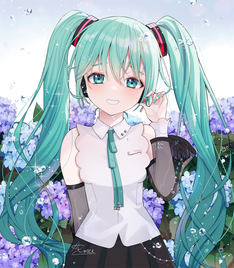 1girl amick_(americanomix) aqua_eyes aqua_hair black_skirt detached_sleeves flower grin hand_up hatsune_miku hatsune_miku_(nt) hydrangea light_blush long_hair looking_at_viewer piapro skirt smile solo twintails upper_body vocaloid