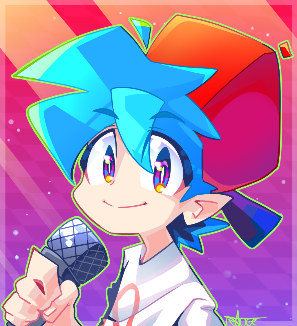1boy backwards_hat blue_hair boyfriend_(friday_night_funkin') english_commentary friday_night_funkin' hat holding holding_microphone male_focus microphone no_symbol portrait red_headwear shirt smile solo thegreatrouge white_shirt