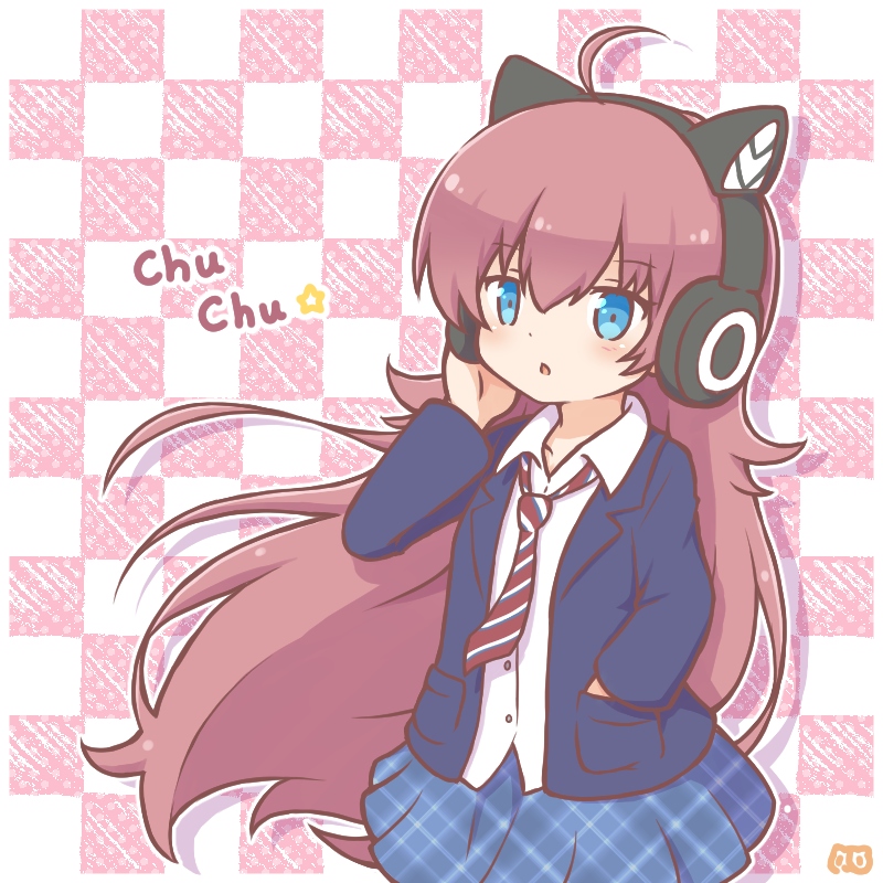 1girl ahoge bang_dream! bangs blue_eyes blue_jacket cat_ear_headphones checkered checkered_background chestnut_mouth eyebrows_visible_through_hair headphones jacket long_hair long_sleeves mitarashi_neko necktie open_mouth red_hair school_uniform shirt skirt striped striped_neckwear tamade_chiyu white_shirt