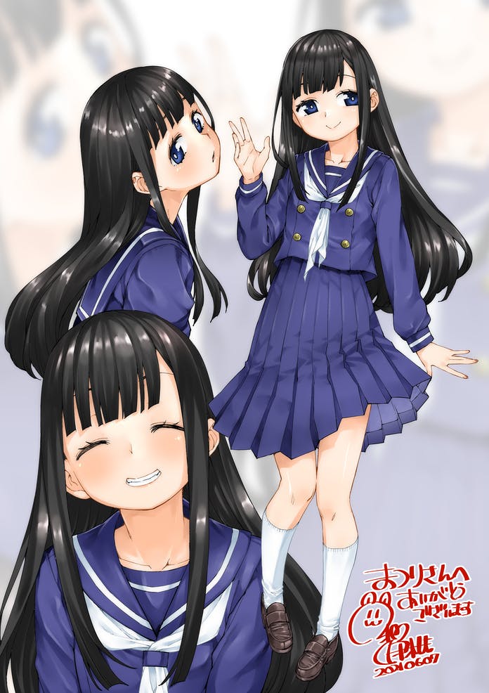 1girl akitsuki_itsuki black_hair blue_eyes blurry blurry_background blush bright_pupils buttons closed_eyes closed_mouth commission dated double-breasted facing_viewer grin hand_up head_tilt jacket long_hair long_sleeves looking_at_viewer multiple_views neckerchief original parted_lips pleated_skirt purple_jacket purple_skirt school_uniform serafuku signature skeb_commission skirt smile waving white_neckwear white_pupils