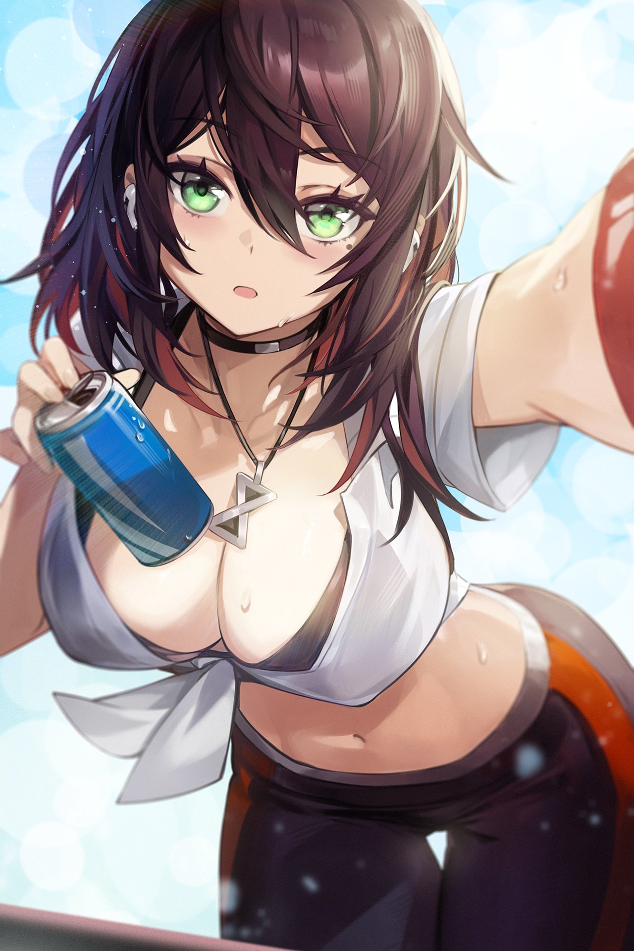 1girl bent_over bikini bikini_under_clothes black_bikini black_choker black_hair black_pants breasts can choker cleavage crop_top earphones foreshortening front-tie_top goomrrat green_eyes hair_between_eyes highres holding jewelry large_breasts leggings long_hair looking_at_viewer midriff mole mole_under_eye multicolored_hair navel necklace open_mouth original outdoors outstretched_arm pants selfie shirt short_sleeves solo standing stomach streaked_hair sunlight sweat swimsuit thigh_gap white_shirt