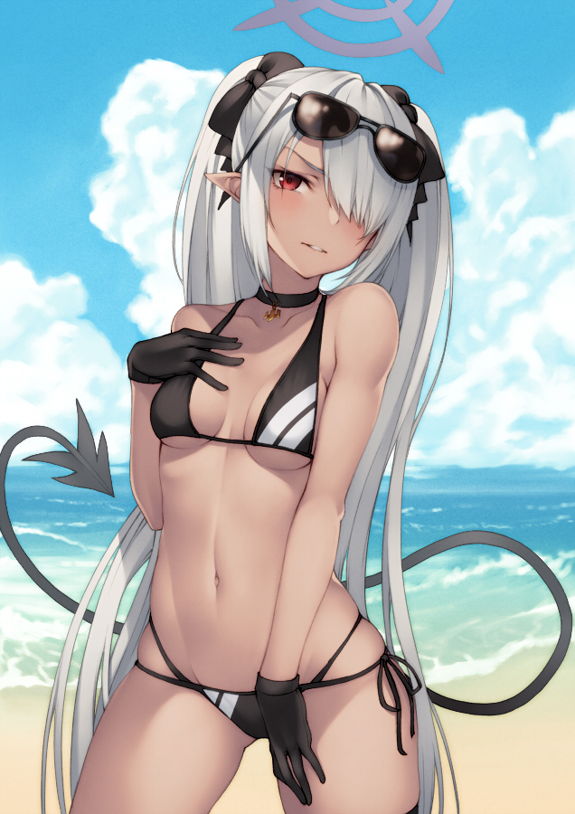 1girl banned_artist bare_arms bare_shoulders bikini black_bikini black_bow black_choker black_gloves black_ribbon blue_archive blue_sky bow breasts breasts_apart choker cloud collarbone commentary_request cowboy_shot dark-skinned_female dark_skin day demon_tail eyewear_on_head gloves hair_bow hair_over_one_eye halo hand_on_own_chest iori_(blue_archive) kyoeiki long_hair navel ocean outdoors parted_lips pointy_ears red_eyes ribbon side-tie_bikini silver_hair sky small_breasts solo stomach straight_hair sunglasses swimsuit tail twintails underboob v-shaped_eyebrows very_long_hair water
