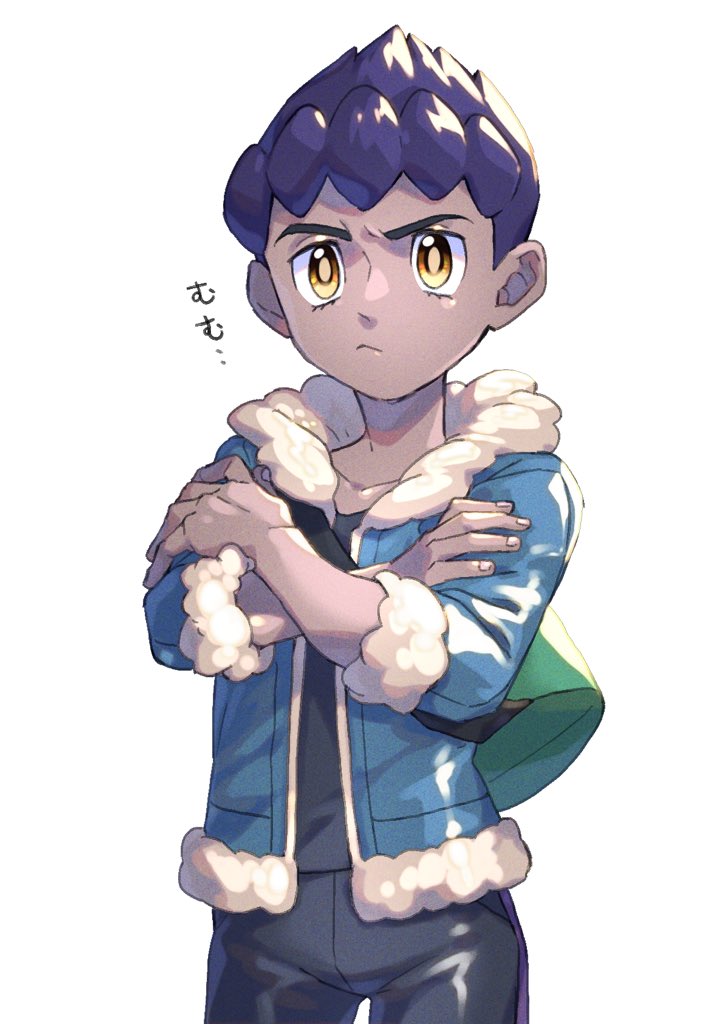 1boy :&lt; bag black_pants black_shirt blue_jacket closed_mouth crossed_arms dark-skinned_male dark_skin duffel_bag eyelashes fur-trimmed_jacket fur_trim green_bag hop_(pokemon) jacket komame_(st_beans) male_focus open_clothes open_jacket pants pokemon pokemon_(game) pokemon_swsh purple_hair shirt short_hair sleeves_past_elbows solo yellow_eyes