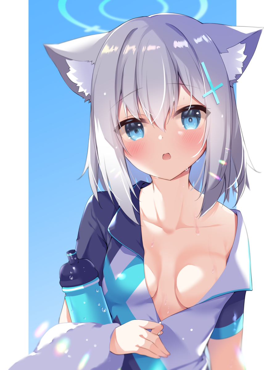 1girl animal_ears bangs blue_archive blue_eyes bottle breasts carrying cat_ears cleavage collarbone commentary_request eyebrows_visible_through_hair hair_between_eyes halo highres holding long_sleeves looking_at_viewer nanamomo_rio parted_lips shiroko_(blue_archive) short_hair sidelocks silver_hair simple_background solo sports_drink sweat two-tone_background undressing zipper